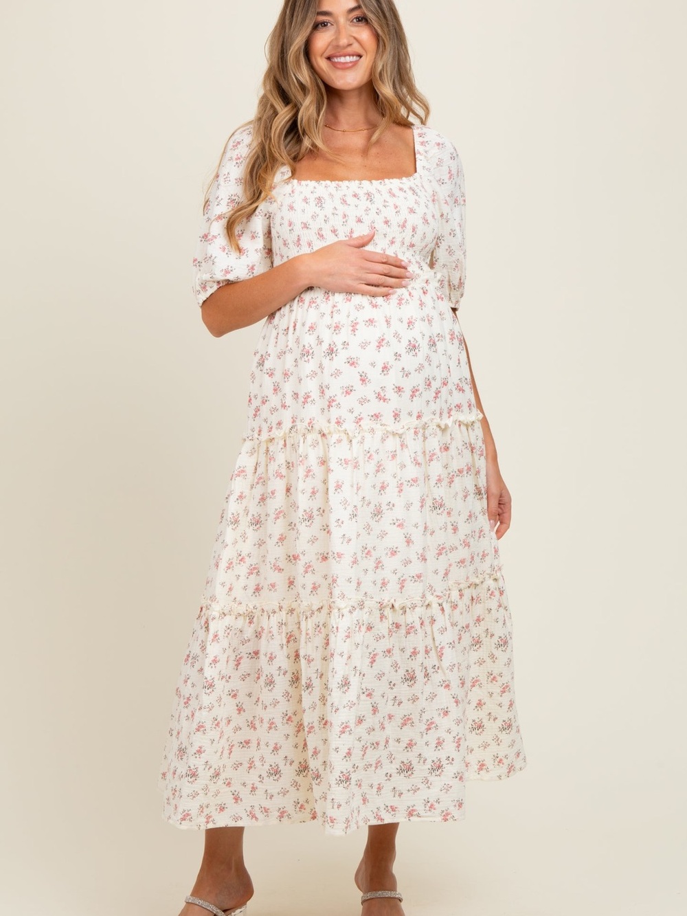 Pink Blush Ivory Rose Floral Smocked Maternity Maxi Dress